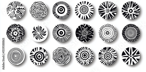 Decorative geometric aztec circles and modern tribal cover shapes form a set of geometric ethnic shapes in black and white