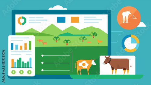 A virtual dashboard displaying a visual representation of the overall health and activity levels of the herd allowing farmers to identify and address any potential issues.. Vector illustration