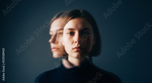 Portrait of a woman with a blurred double exposure effect against a dark blue background in studio shot