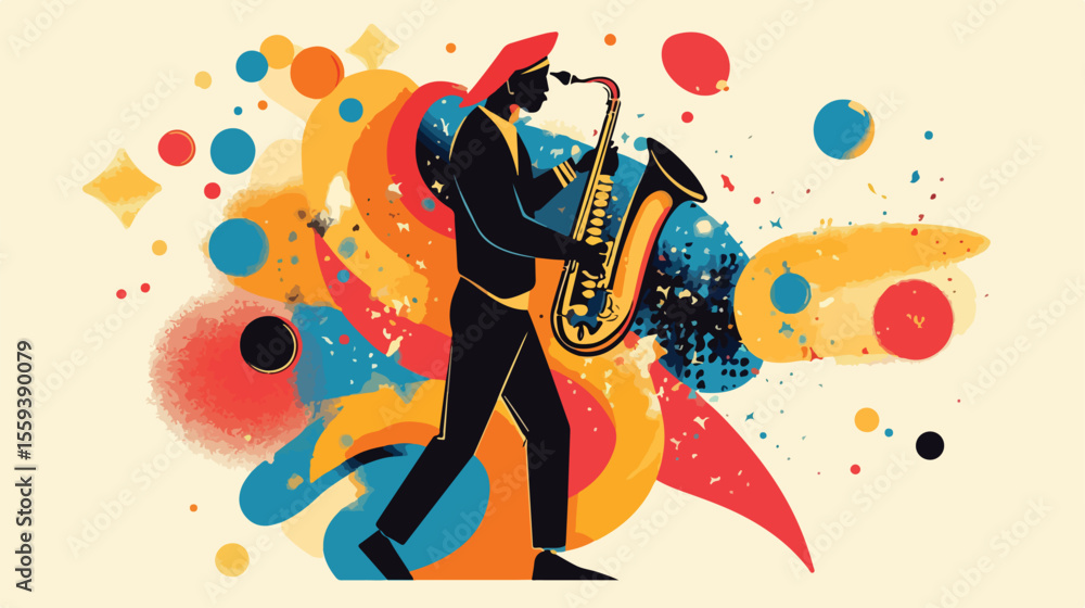 Fototapeta premium Vibrant Jazz Festival with Saxophone Flat Vector Illustration