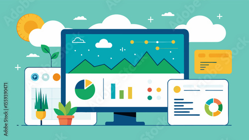 An interface shows a userfriendly dashboard with graphs and charts displaying data on crop health and weather patterns all accessible through the cloud.. Vector illustration