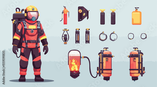 Professional Firefighter with Extinguisher Flat Vector Illustration
