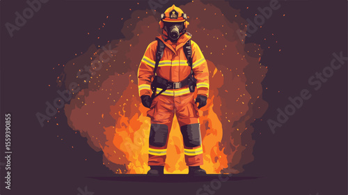 Professional Firefighter with Hose Flat Vector Illustration