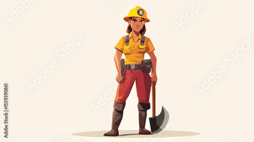 Female Firefighter Holding Axe - Flat Vector Illustration