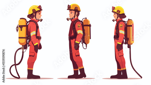 Professional Female Firefighter with Extinguisher Flat Vector Illustration