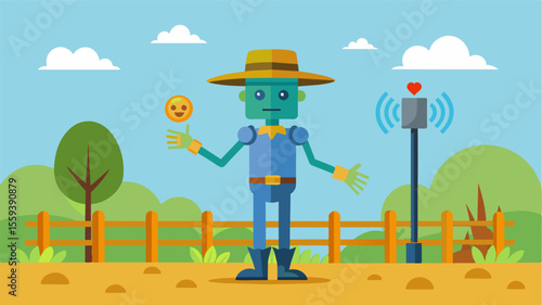 An illustration of a smart scarecrow equipped with IoT technology emitting sound and light signals to deter pests from entering a garden.. Vector illustration