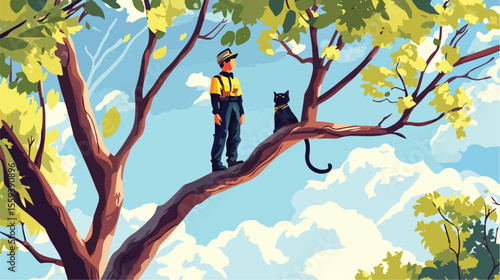 Fireman Rescuing Cat in Tree - Flat Vector Illustration