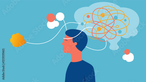 An illustration of a persons brain transforming from a tangled and chaotic state to a calm and organized one symbolizing the potential of interactive light therapy to improve brain. Vector