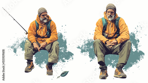 Fisherman Sitting with Fishing Rod Flat Vector Illustration