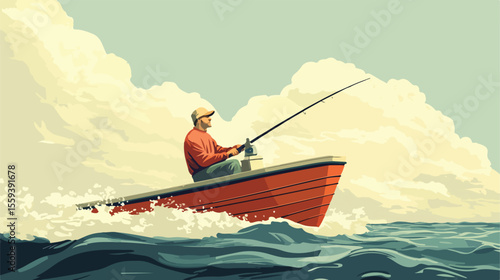 Fishing Man with Rod on a Boat - Flat Vector Illustration