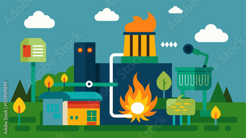 An illustration of a smart incinerator burning agricultural waste and converting it into usable electricity.. Vector illustration