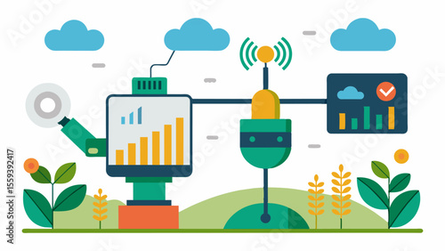 A selflearning AI system continuously analyzing crop health and water needs adjusting irrigation schedules accordingly.. Vector illustration