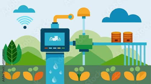 A smart irrigation pump equipped with machine learning capabilities allowing it to analyze data on crop water needs and adjust water flow accordingly. This leads to optimized. Vector illustration