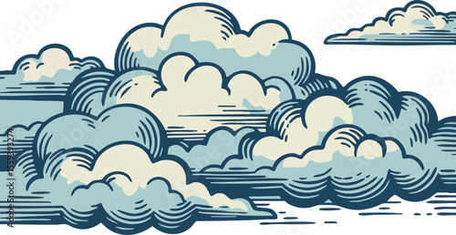 Vintage style hand drawn cloud vector illustration with blue and cream colors 