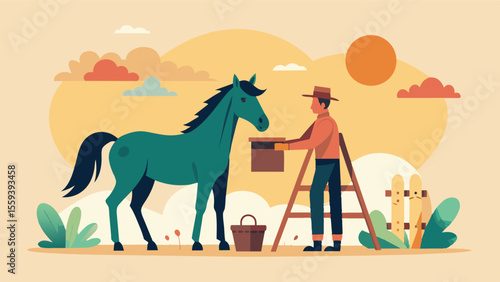 As the sun reaches its peak a freelancer sets up their easel and paints a portrait of the farms aging horse. The majestic animal poses patiently seemingly aware of its importance. Vector illustration