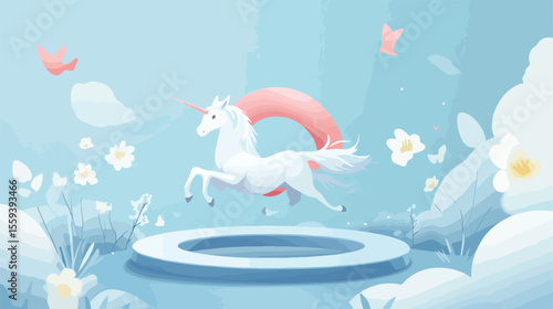 Whimsical Floating Ring Unicorn Flat Vector Illustration