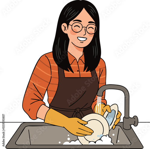 Woman washing dishes happily at kitchen sink wearing gloves and apron vector illustration 