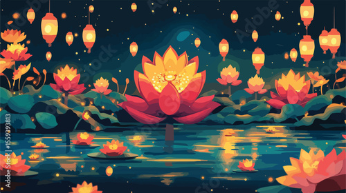 Colorful Floral Raft Loy Krathong Vector Illustration