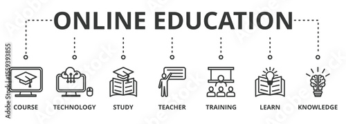 Online education banner vector illustration concept with icon of course, technology, study, teacher, training, learn and knowledge