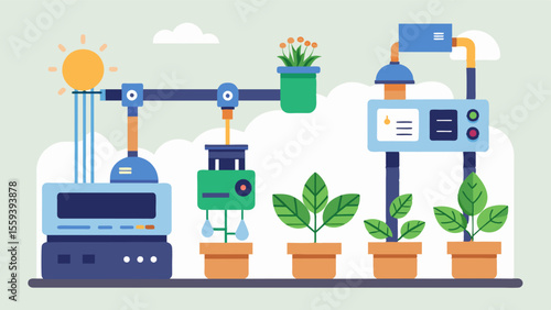 Automated systems control the temperature and humidity creating the perfect environment for the delicate plants.. Vector illustration