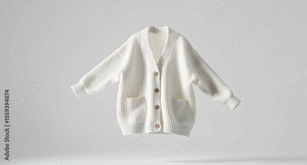 Cream White Knitted Cardigan with Button Closure and Pockets on Light Gray Background Cream White Knitted Cardigan with Button Closure and Pockets on Light Gray Background