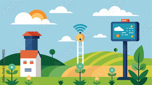 An IoT weather station equipped with UV sensors providing farmers with realtime information to protect crops from sun damage.. Vector illustration