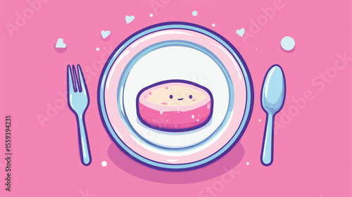 Cute Kawaii Style Vector Illustration of Dish and Cutlery