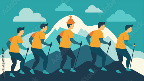 In an effort to raise awareness for brain diseases a team of hikers don their matching tshirts and walking sticks as they embark on a challenging trek to the summit of a nearby. Vector illustration