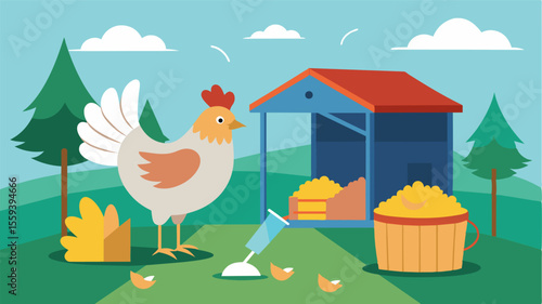 A selfcleaning system removes feathers and debris from the chicken coop maintaining a sanitary environment for the birds.. Vector illustration