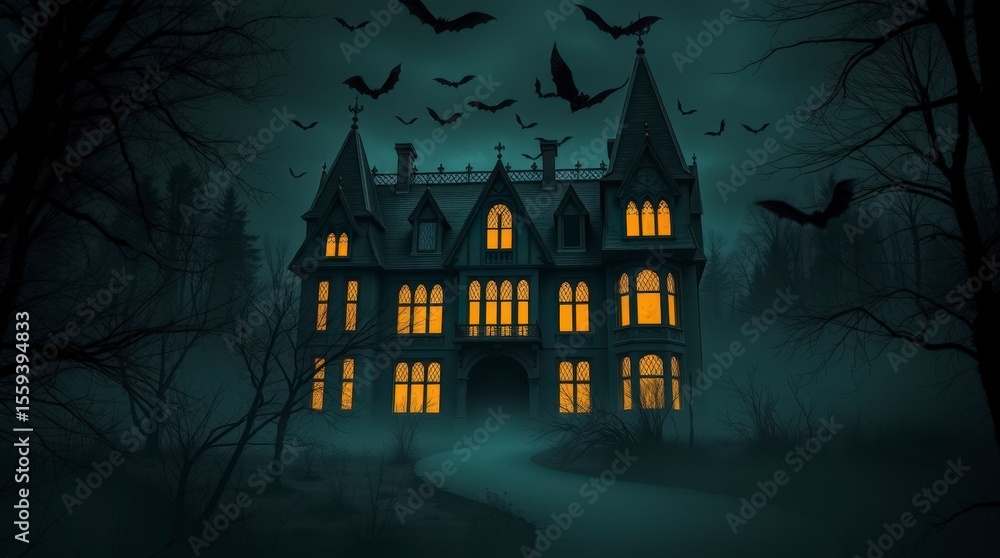 abandoned haunted mansion, bats flying around. spooky, halloween abandoned haunted mansion, bats flying around. spooky, halloween
