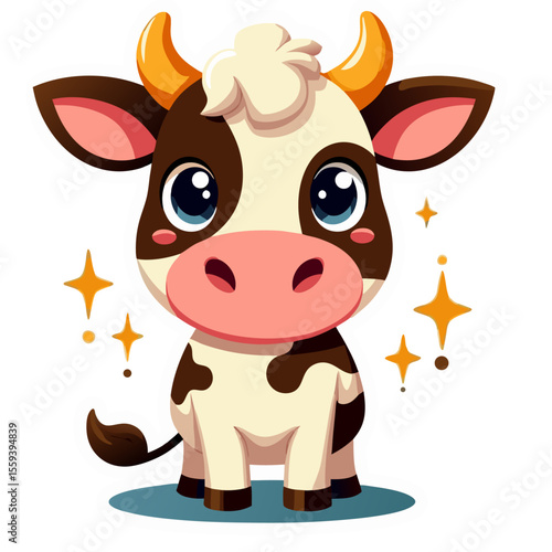 Adorable cartoon cow with big eyes and golden stars on a white background