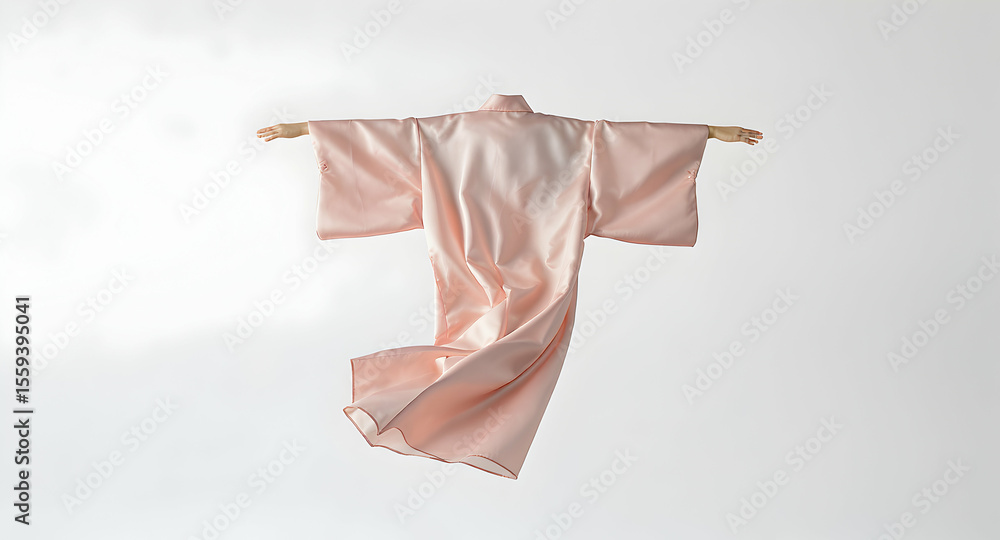 Fototapeta premium Person Wearing Elegant Pink Satin Kimono Floating in White Studio