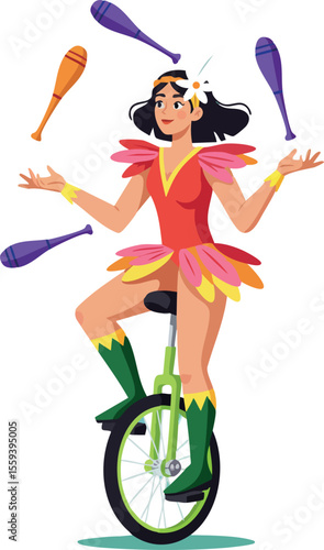 Female juggler on unicycle in colorful costume with juggling clubs vector illustration 