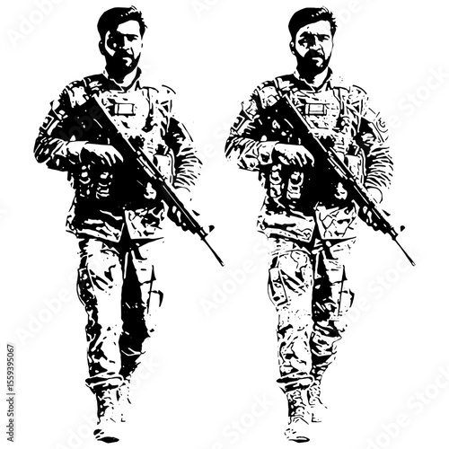 Black and white illustration of two armed pakistan soldiers walking forward with rifles in hand. Military style stencil or ink drawing with tactical gear, body armor, and combat uniform.