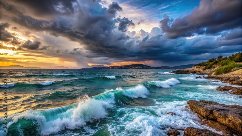 Fototapeta premium Turbulent sea waves and a stormy sky over a Croatian coastline at dusk