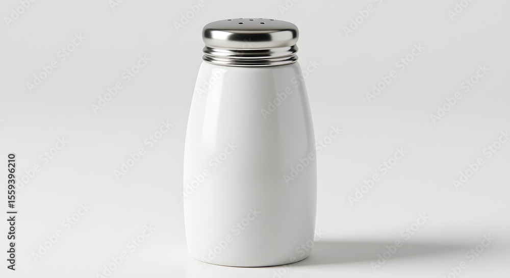 A white ceramic salt shaker with a silver metal lid, standing upright against a plain, bright background. A white ceramic salt shaker with a silver metal lid, standing upright against a plain, bright background.