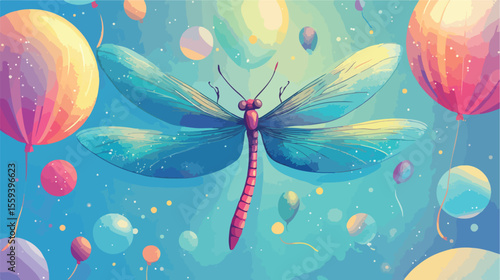 Dragonfly Figure with Balloons Flat Vector Illustration
