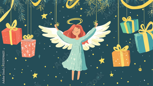 Elegant Dream Angel Greeting Card Design with Hanging Gold Stars