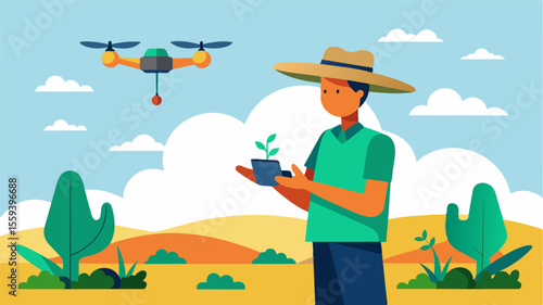 An illustration of a farmer using a drone to survey their crop fields and identify areas that need additional irrigation.. Vector illustration