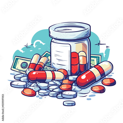 Cartoon Illustration of Drugs and Money Exchange with Hand Gesture