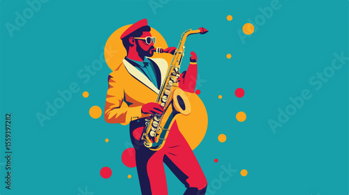 Funky Monkey Playing Saxophone Flat Vector Illustration