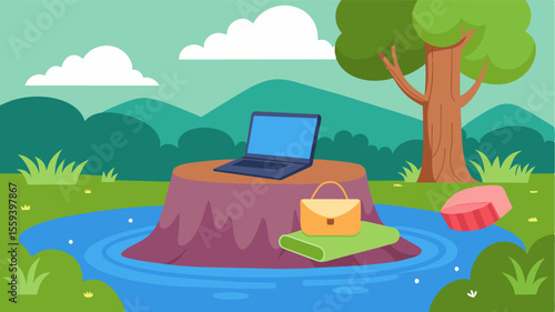 The soft babbling of a nearby creek provides the soundtrack as a laptop is balanced on a tree stump surrounded by cushions for comfort.. Vector illustration