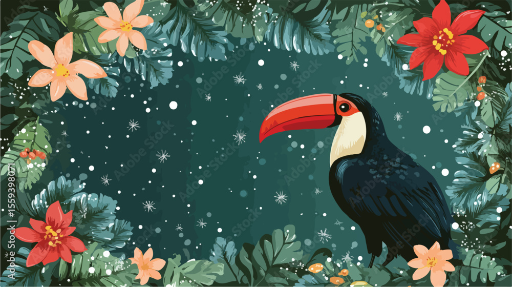 Naklejka premium Toucan and Summer Flower Vector Frame