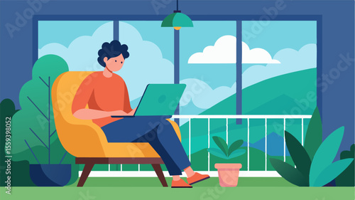 The user sat comfortably on a cushioned chair on the porch engrossed in their work on the laptop.. Vector illustration