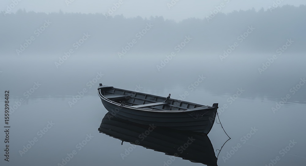 Obraz premium Lonely boat floating on a misty lake