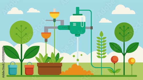 An environmentally friendly fertilizer injection system that incorporates organic and natural fertilizers for sustainable farming practices.. Vector illustration