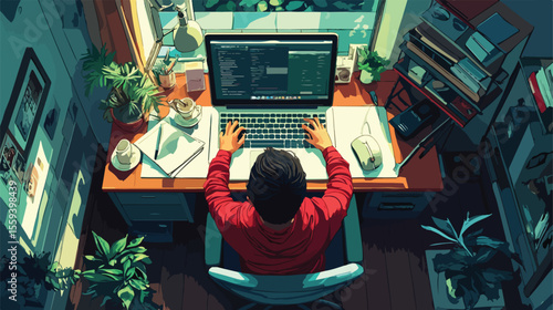 Modern Freelancer Working from Home Using Laptop in Flat Design