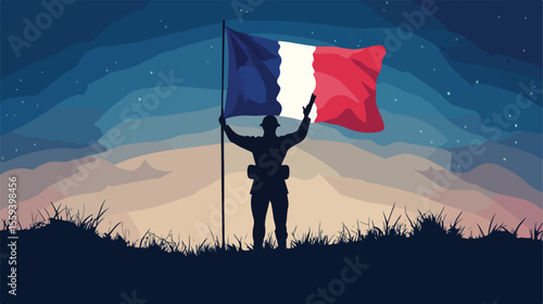 French Soldier Waving Flag Flat Vector Illustration
