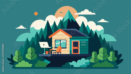 The peacefulness of the remote work cabin offers the ability to disconnect and recharge allowing for increased creativity and focus in work.. Vector illustration