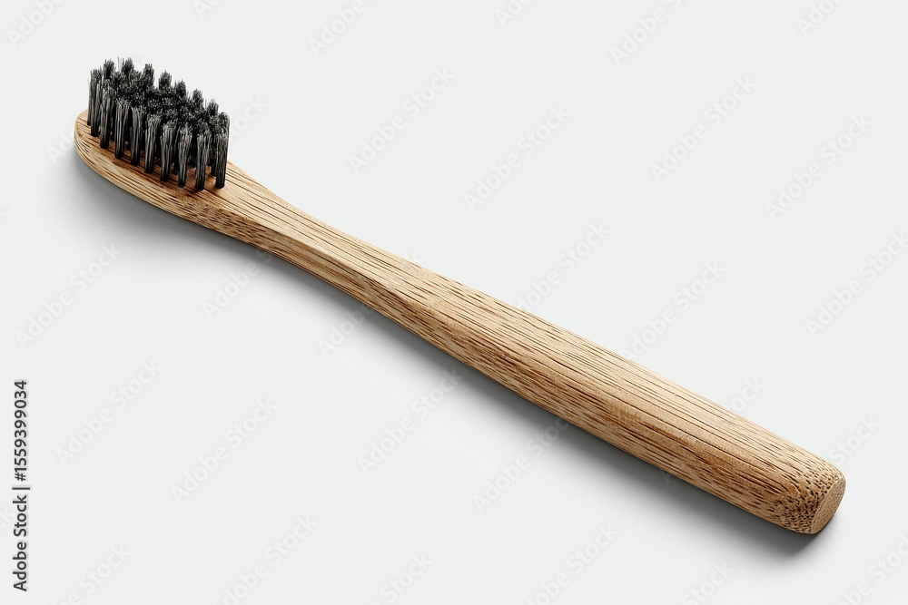 Close up shot of a wooden toothbrush on a white background for dental care Close up shot of a wooden toothbrush on a white background for dental care